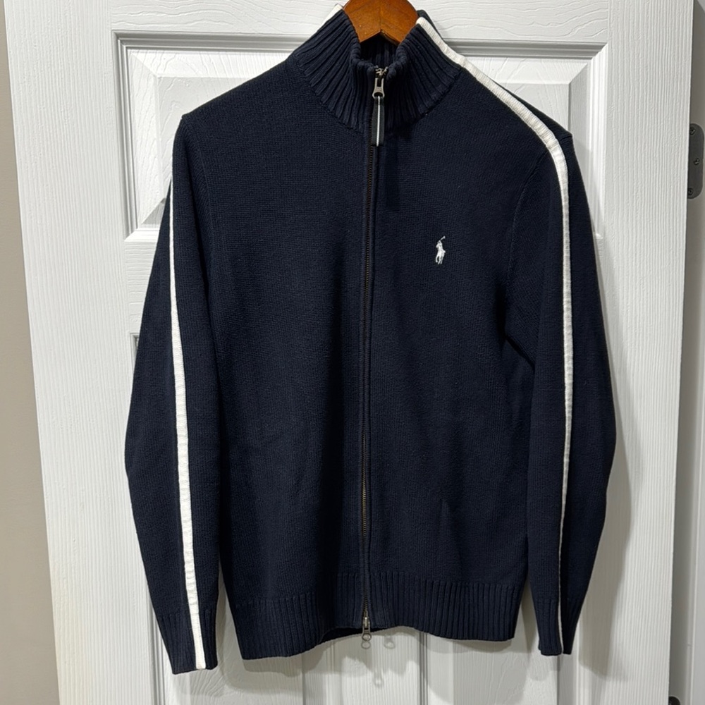 Polo by Ralph Lauren Zip Up Blue and White Sweater with Athletic Style